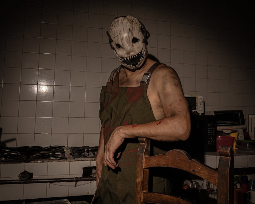 Resident Evil Yaratıcısı Mikami, Shift Up ile Yeni Korku Oyunu Geliştiriyor — A person in a horrifying mask and apron poses ominously in a dimly lit kitchen.
