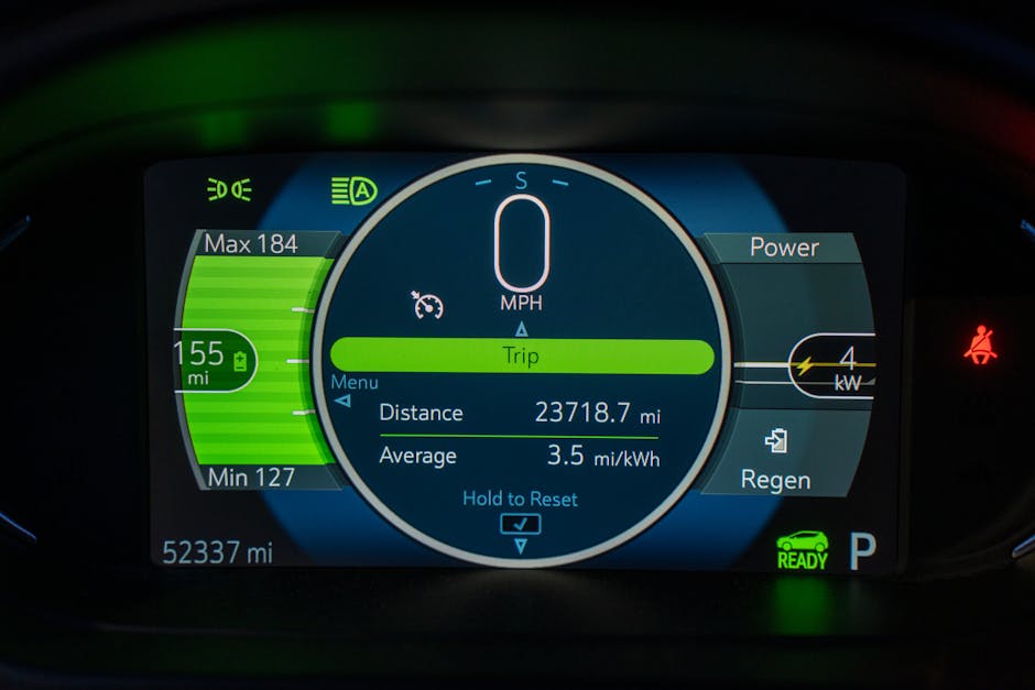 Elektrikli Araç Batarya Yönetimi: Yazılım Sistemleri Nasıl Koruyor? — Detailed view of an electric vehicle's dashboard showing speed, battery range, a